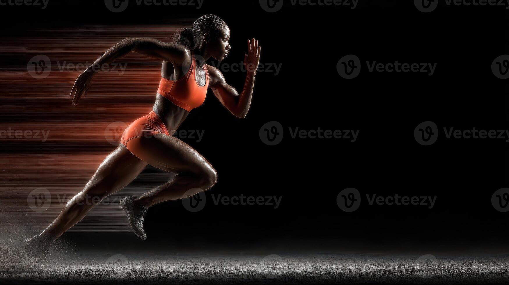 Female sprinter demonstrating speed and power in an indoor track setting during a competitive race photo
