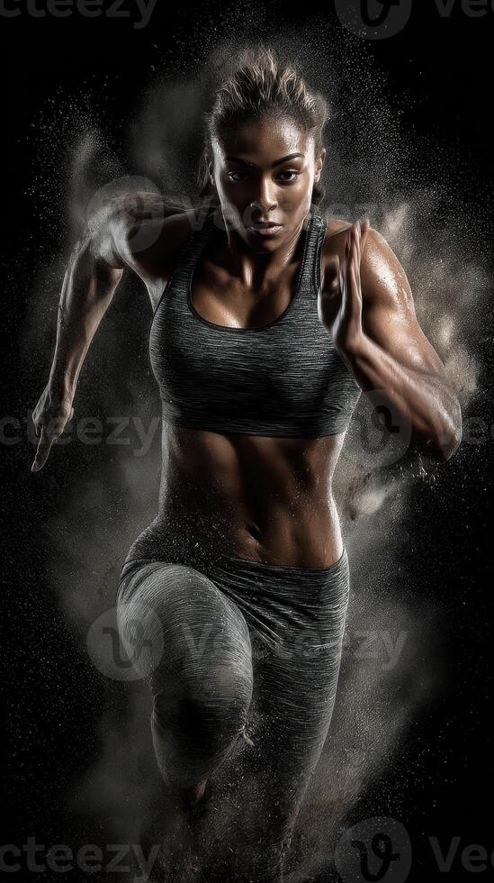 Athlete sprinting vigorously while creating a dramatic cloud of dust in a dark environment photo