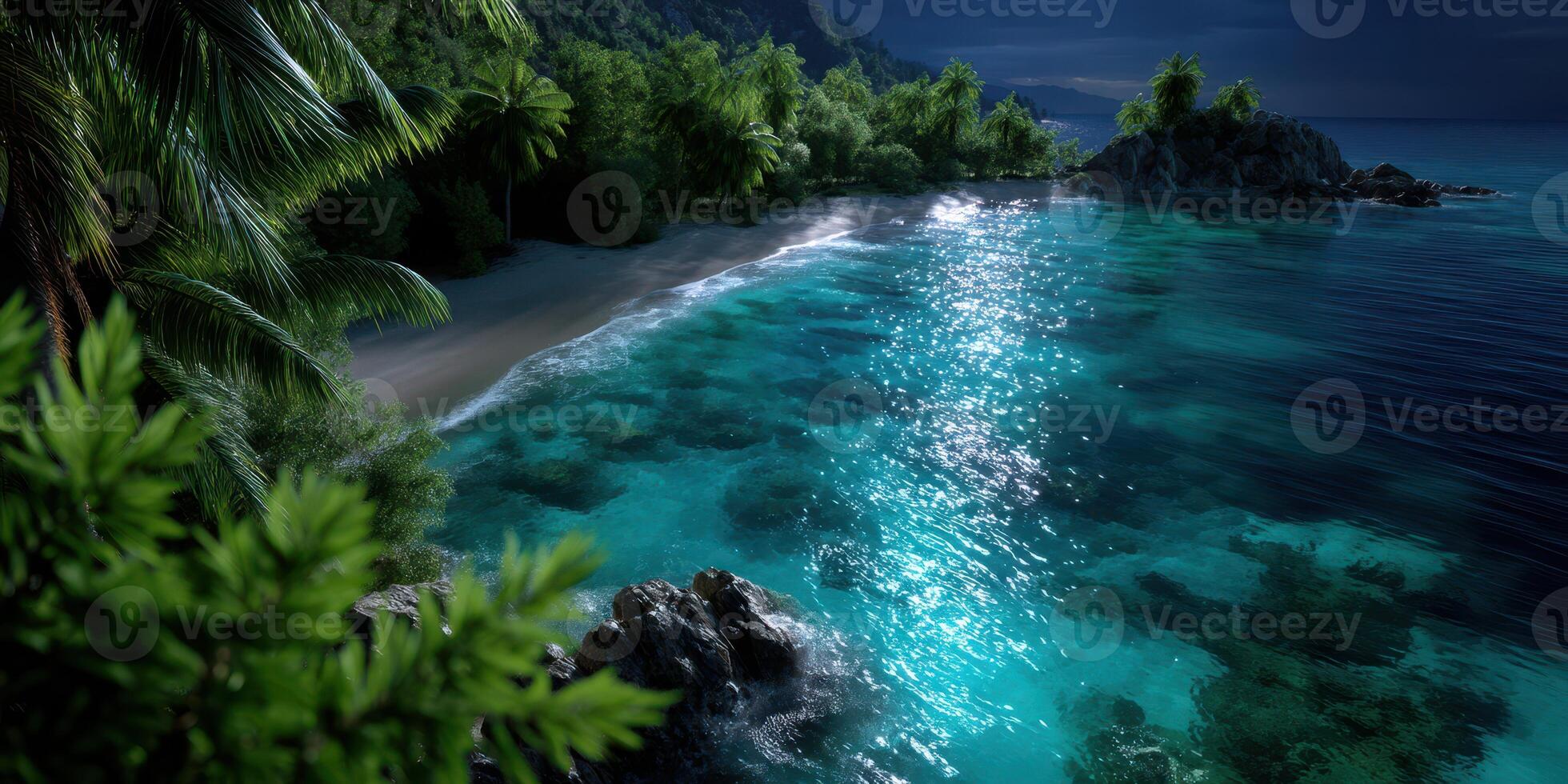 Serene tropical beach with sparkling waters and lush greenery under the moonlight at night photo