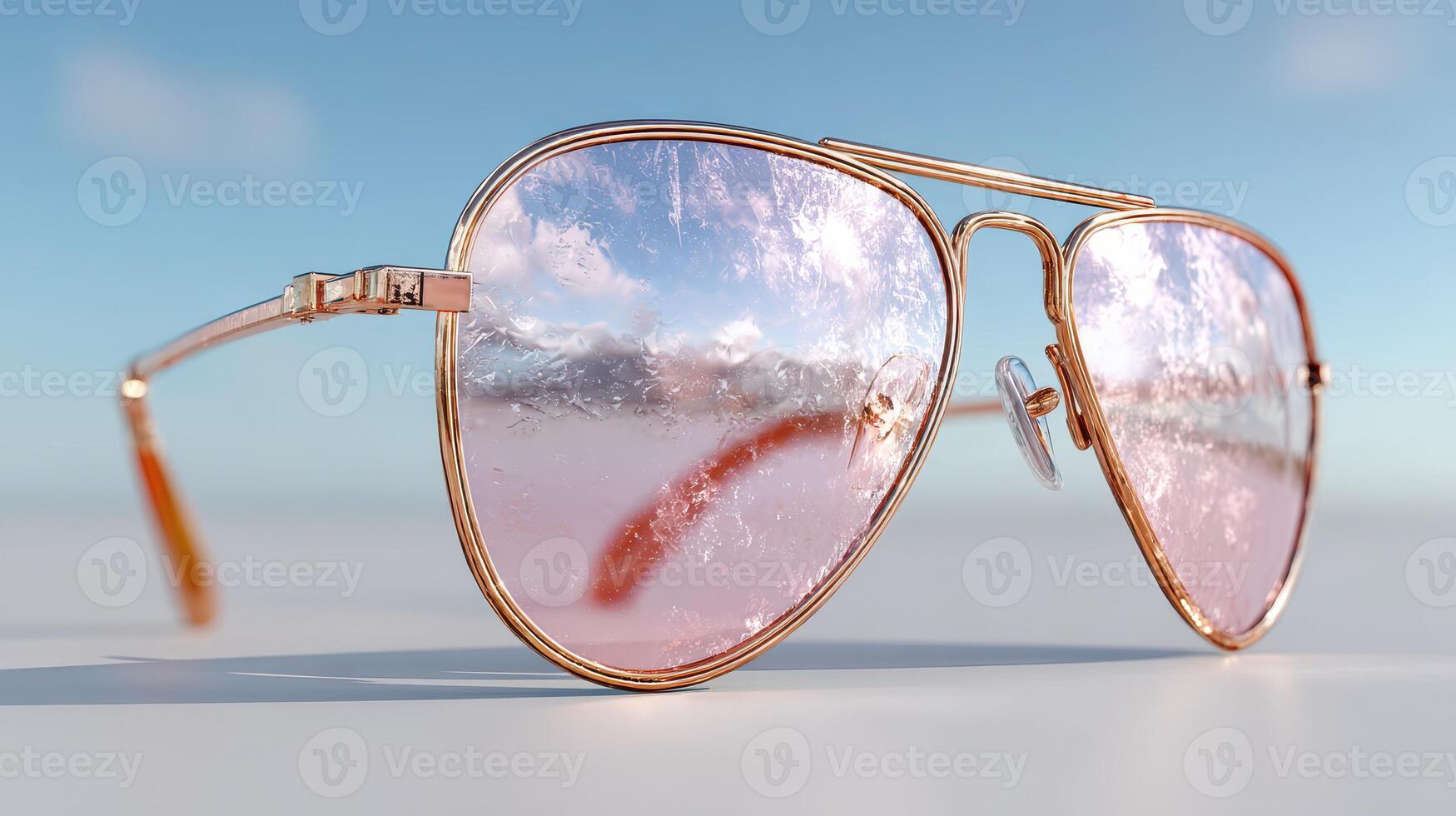 Sunglasses resting on a flat surface reflecting clouds and sky in a bright outdoor setting during daytime photo