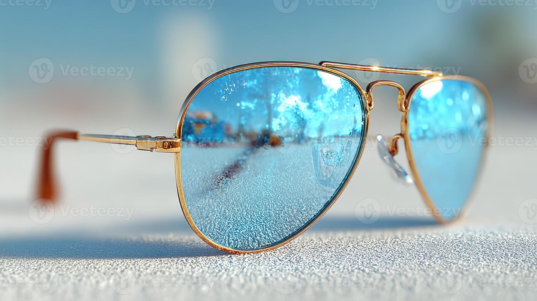 Reflective sunglasses lie on a sunny surface showcasing vibrant blue hues and a clear sky in the background during midday photo