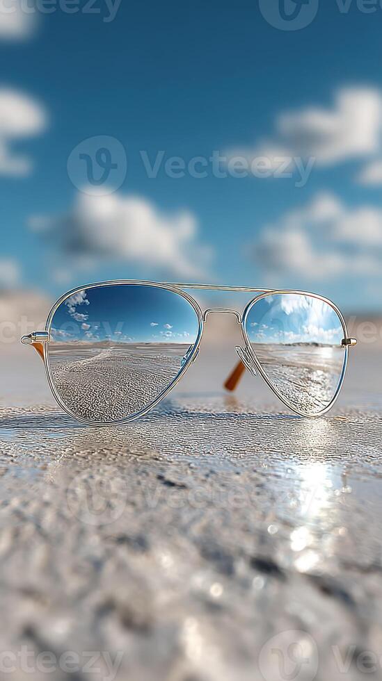Glossy sunglasses reflecting a vibrant beach scene under a clear sky at midday photo
