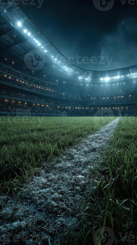 Night view of a stadium field illuminated by bright lights during a soccer match with packed stands photo