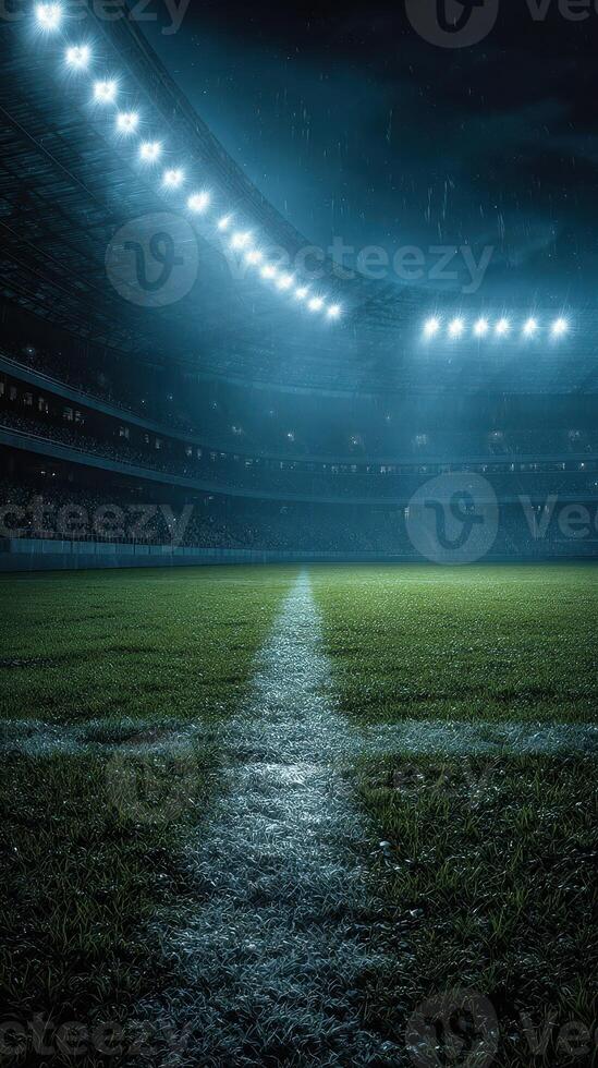 Stadium at night with bright lights over the wet soccer field ready for an exciting match photo