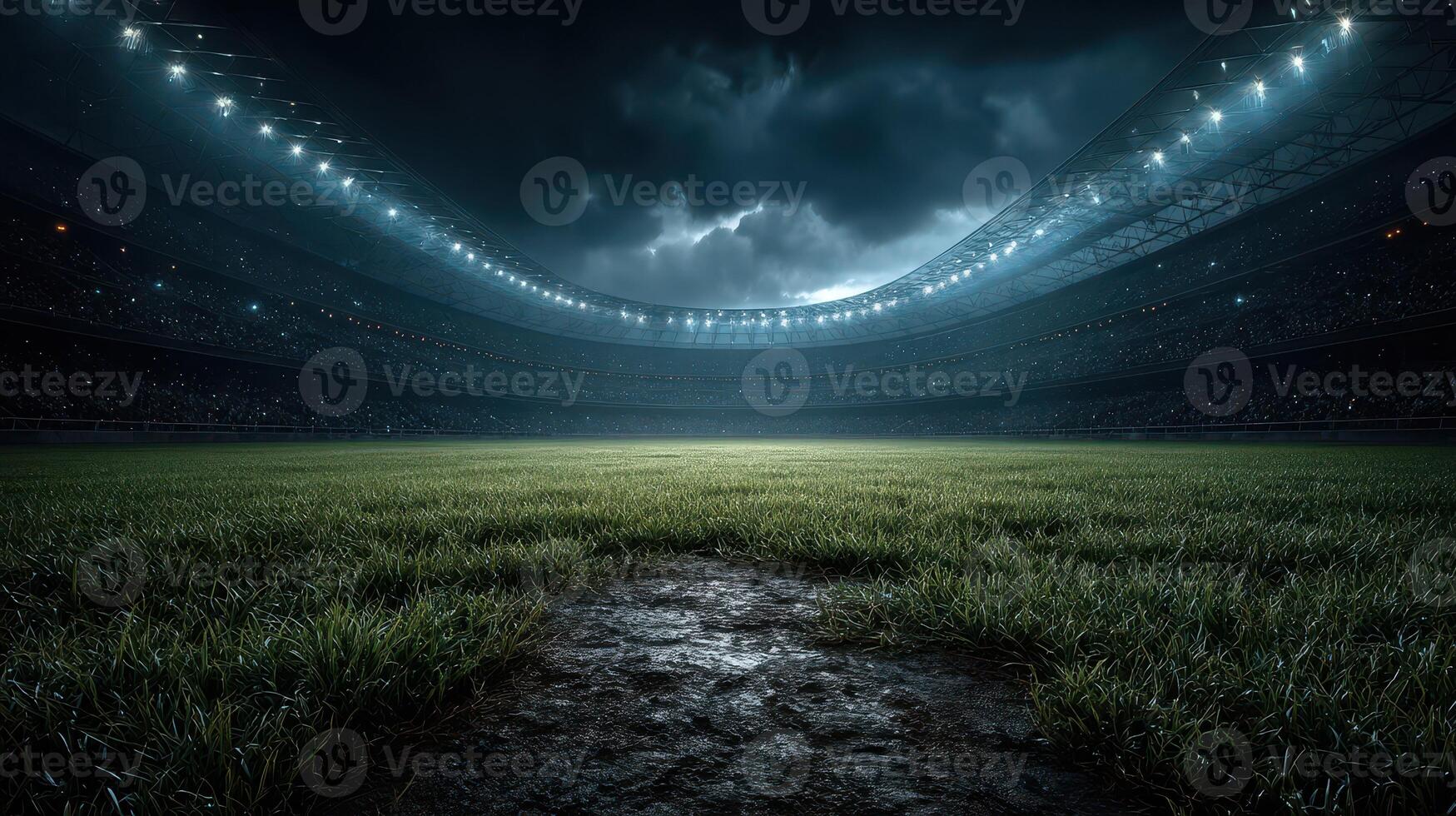 Stadium field under dramatic lighting surrounded by dark clouds before an intense sports event photo
