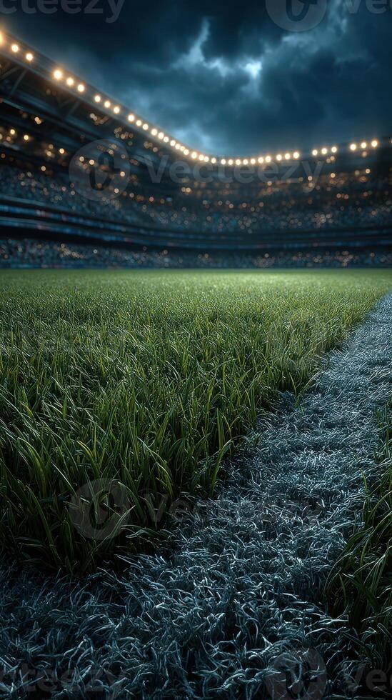 Nighttime view of a soccer field illuminated by stadium lights during an exciting match atmosphere photo