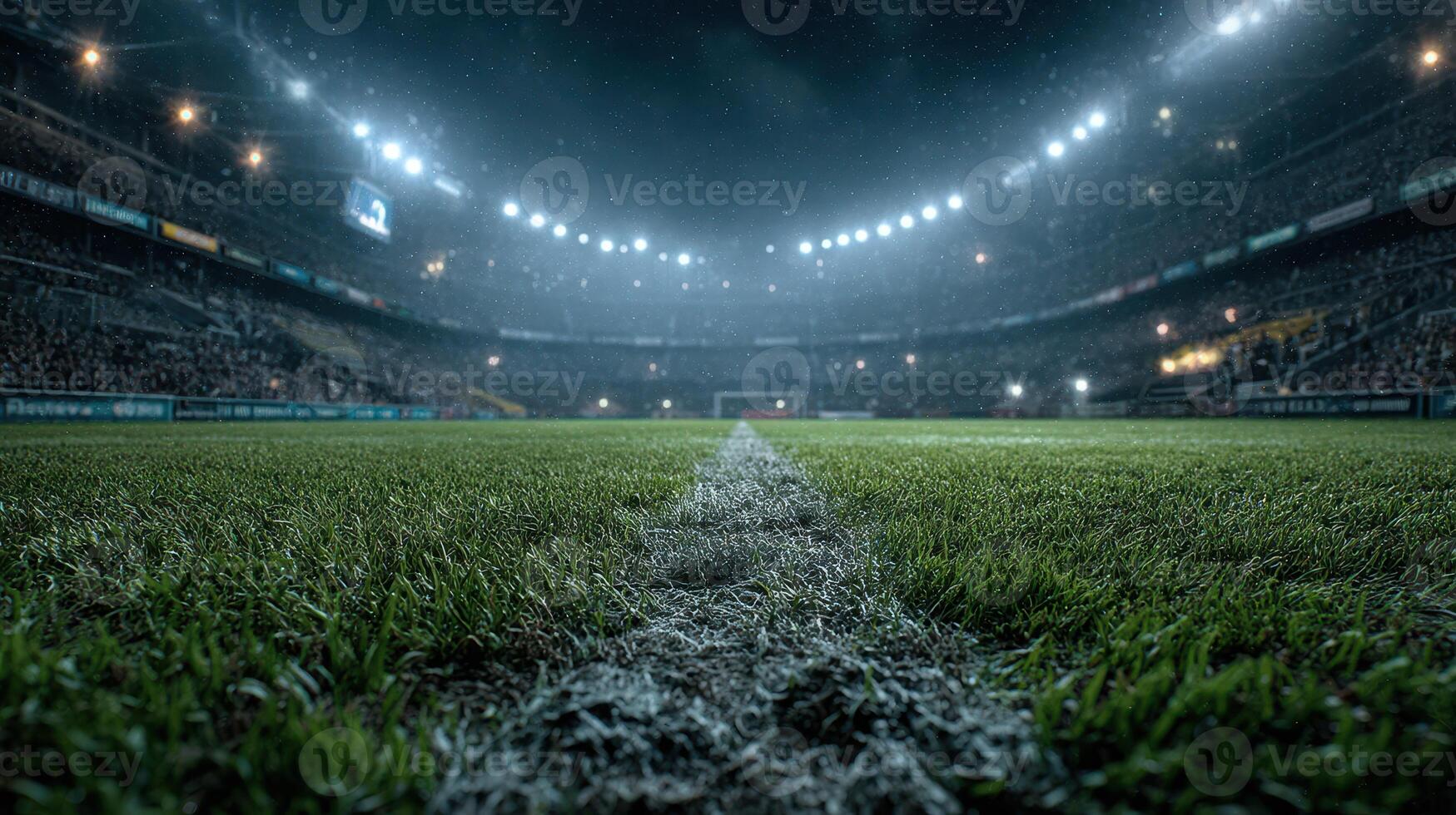 Stadium view at night with bright lights illuminating the green grass during a soccer match photo