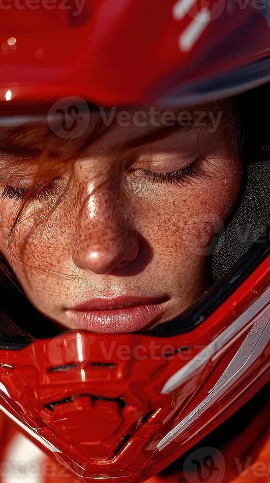 Close-up of a young woman in a red helmet, preparing for a thrilling motocross adventure on a sunny day photo