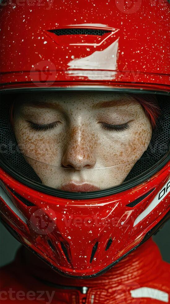 Female racer in red helmet with freckles preparing for competition in a high-intensity motorsport environment photo