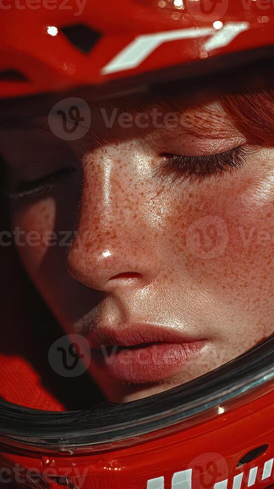 Close-up of a woman in a red helmet showcasing freckles and serene expression in a quiet moment after an intense competition photo