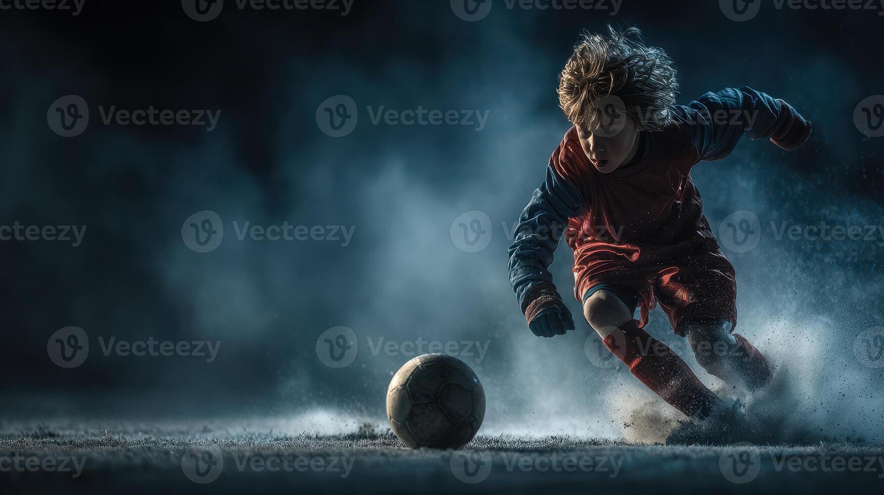 Young soccer player sprinting towards the ball in a dramatic night setting with fog and shadow photo