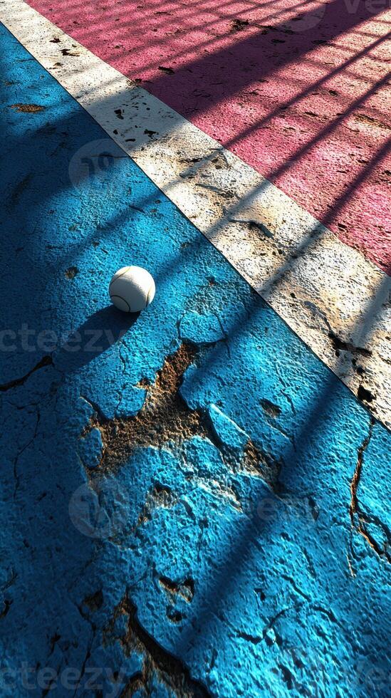 Colorful cracked pavement with a single white ball on a vibrant playground at sunset in a city park photo