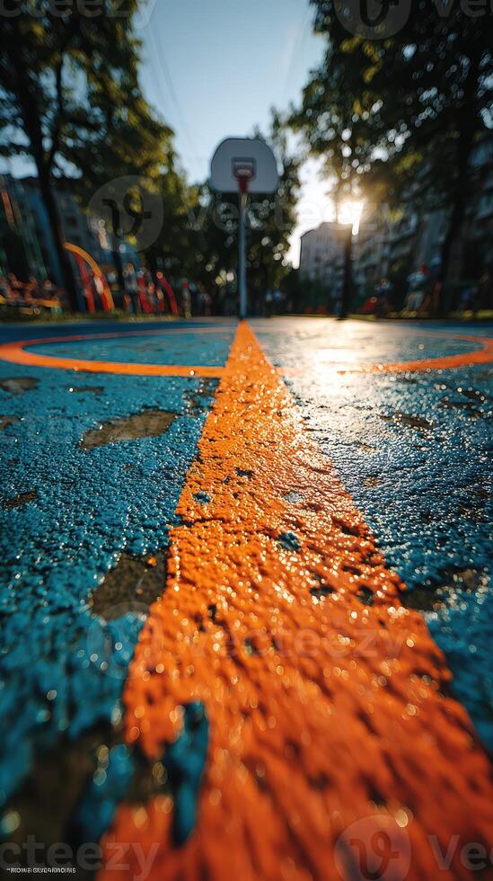 Colorful basketball court at sunset showcasing vibrant markings and a hoop in an urban park setting photo