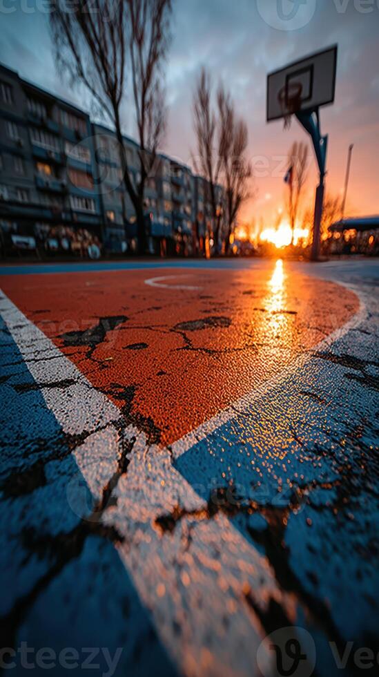 Basketball court at sunset with vibrant colors and cracked pavement in residential area photo