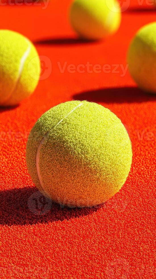Yellow tennis balls scattered on a bright red court during a warm afternoon practice session photo