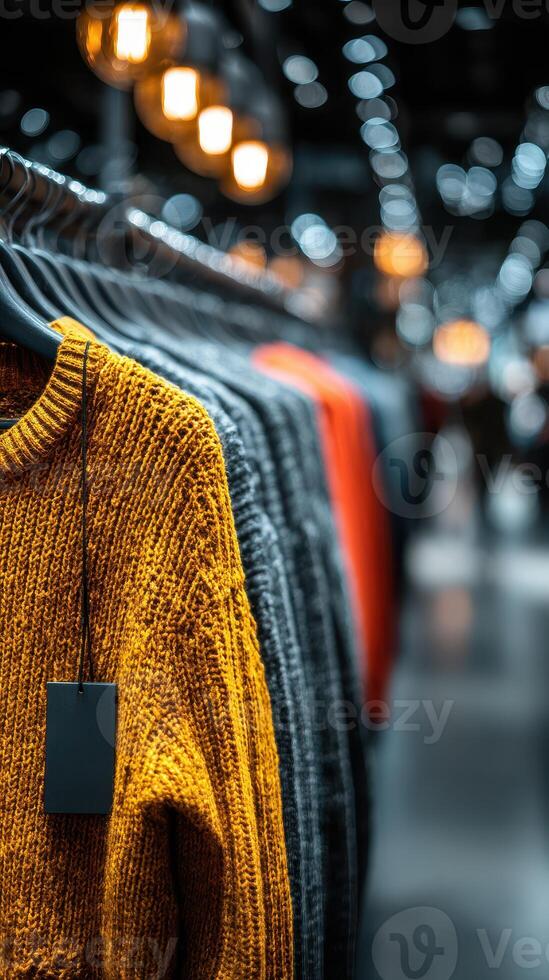 Colorful sweaters arranged attractively in a modern retail store during evening shopping hours photo