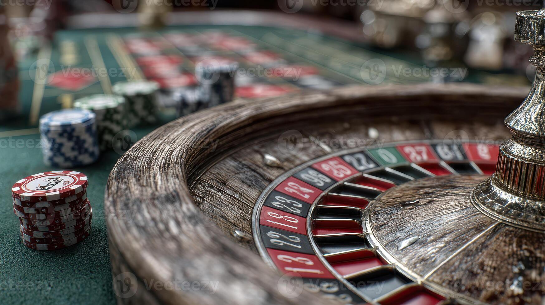 Experience the excitement of a roulette table with chips and a wooden wheel in a vibrant casino environment photo