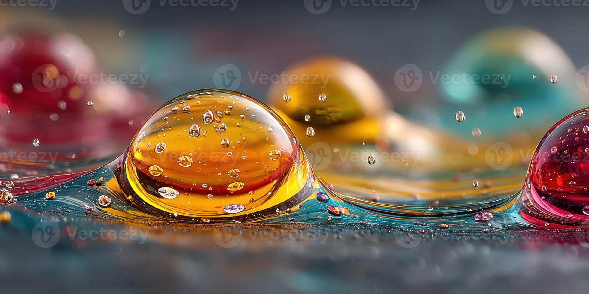Colorful droplets of water create shimmering reflections on a smooth surface during a sunny afternoon photo