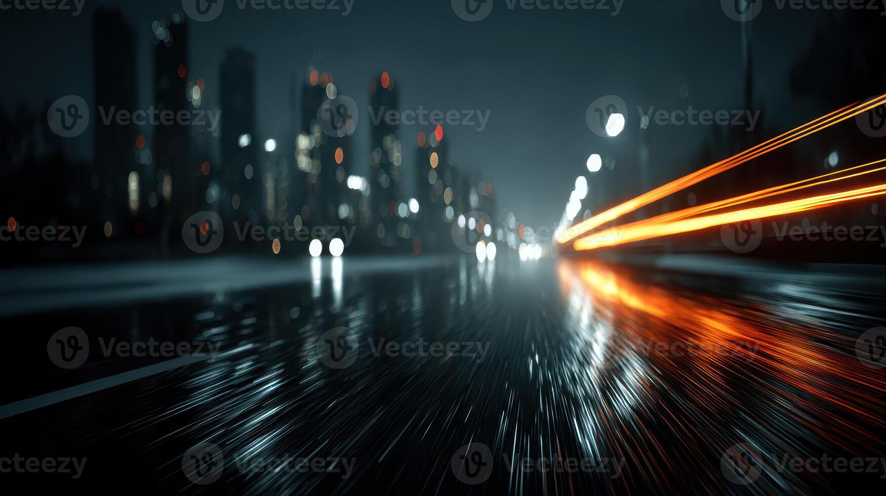 Nighttime cityscape with wet roads reflecting lights and vehicle movement in a vibrant urban environment photo