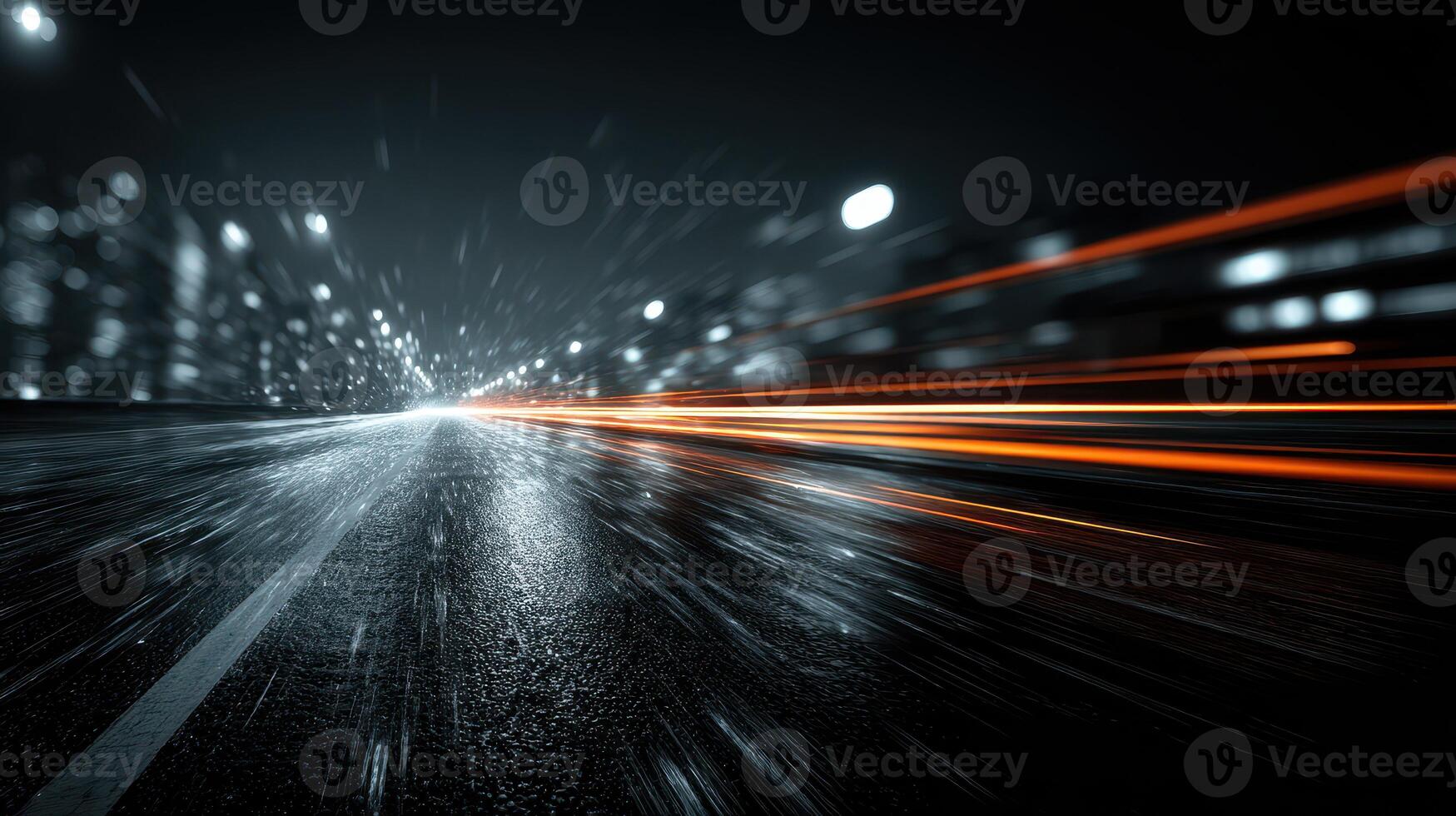 Rainy night with blurred car lights creating a dynamic atmosphere on a wet road photo