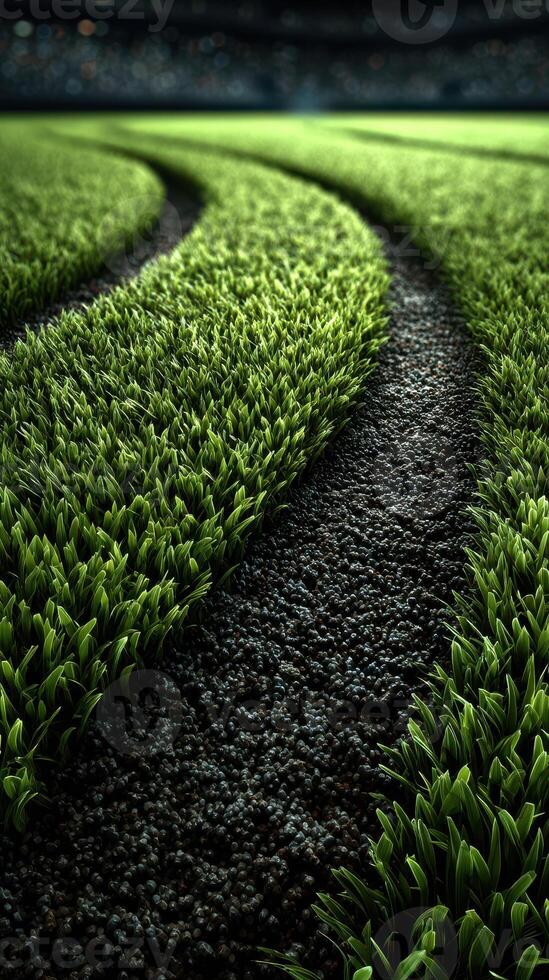 Detailed view of freshly cut grass with curved lines on a sports field at twilight showcasing an inviting atmosphere for athletes photo