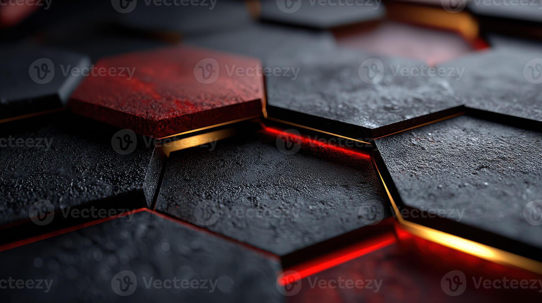 Dark hexagonal tiles with glowing red and gold edges create a striking pattern in a modern design setting photo