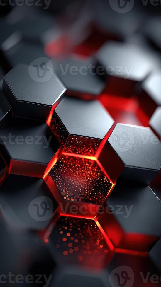 Hexagonal patterns glow in deep red against a dark background, creating a futuristic and abstract visual experience photo