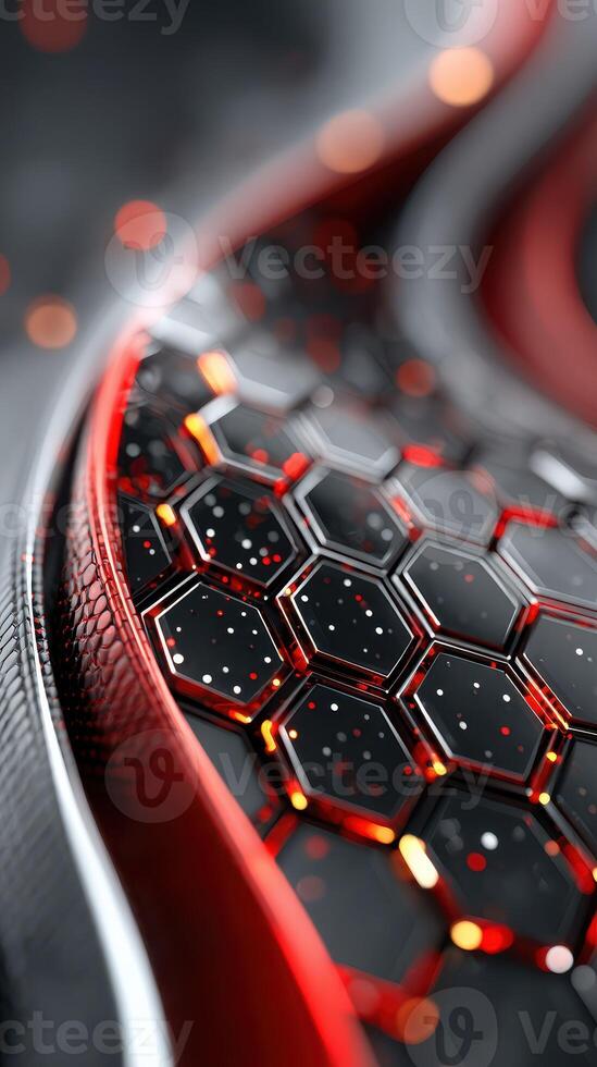 Close-up of a textured hexagonal pattern in striking red and black colors with a glossy finish highlighting intricate design photo