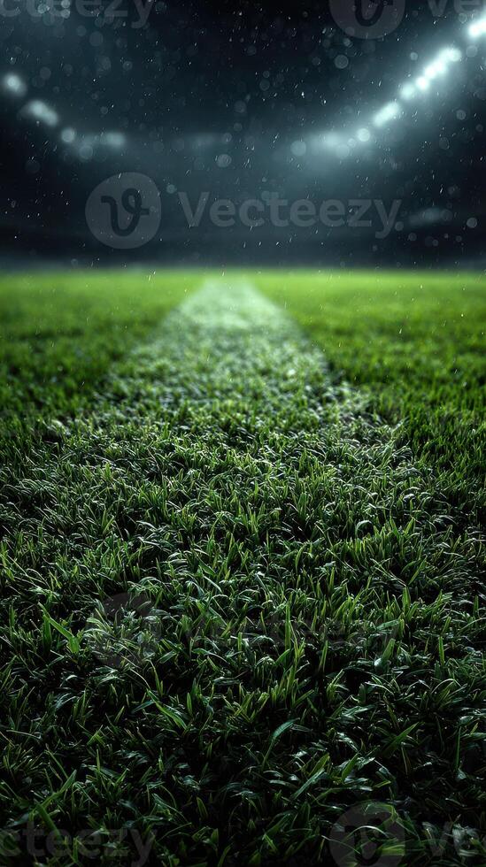 Rain-soaked soccer field illuminated by stadium lights at night creating a dramatic atmosphere for a match photo