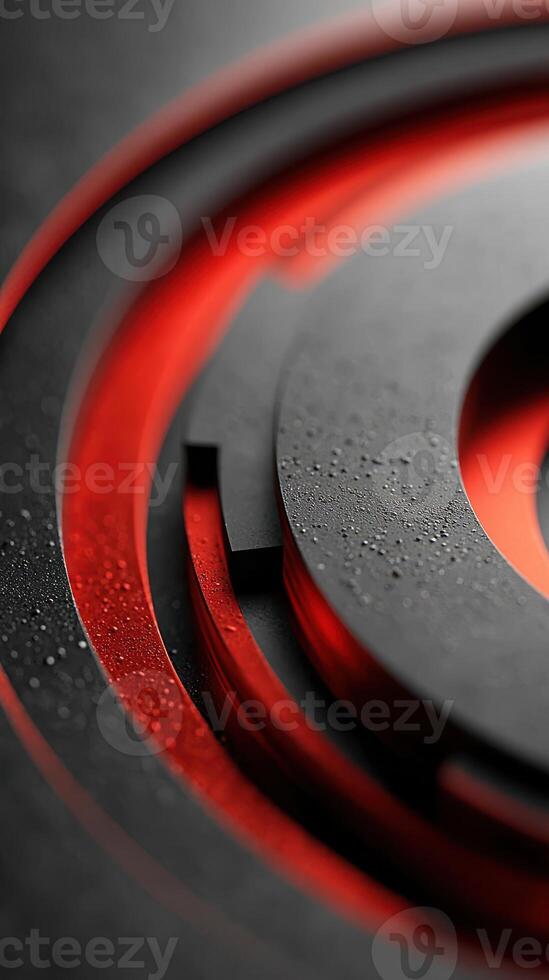 Abstract close-up of circular metallic shapes with red accents and water droplets on a black surface photo