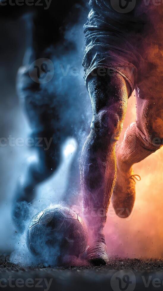 Dynamic soccer match in low light revealing powerful movement and dramatic colors photo