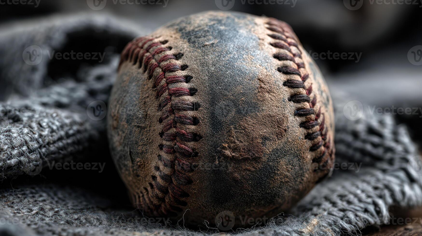Old baseball resting on a worn fabric, showcasing signs of weathering and use during a warm afternoon game photo
