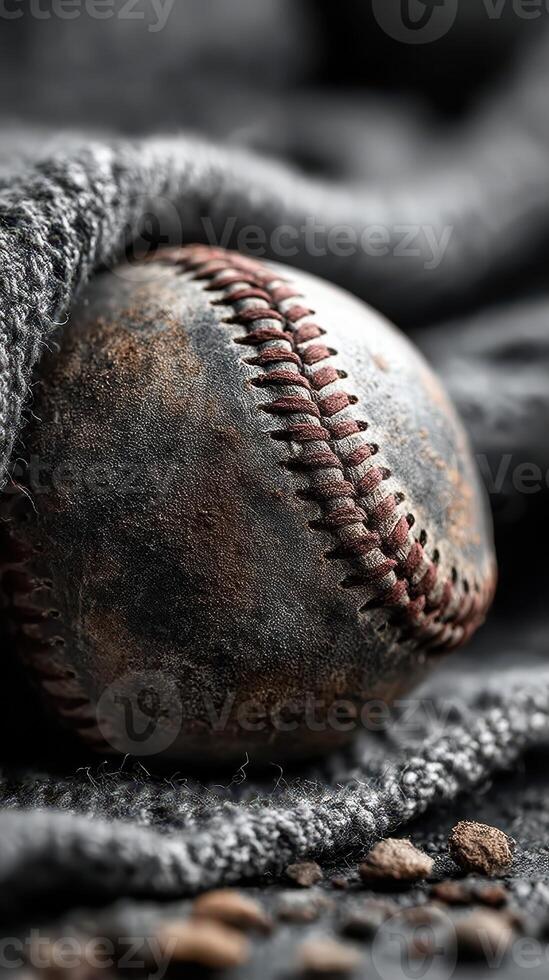 Worn baseball resting on textured fabric background capturing the essence of the sport in a close-up view photo