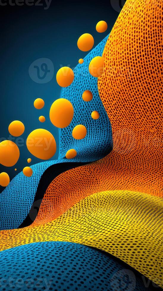 Vibrant abstract design featuring yellow circles on blue and orange textured waves in modern art style photo