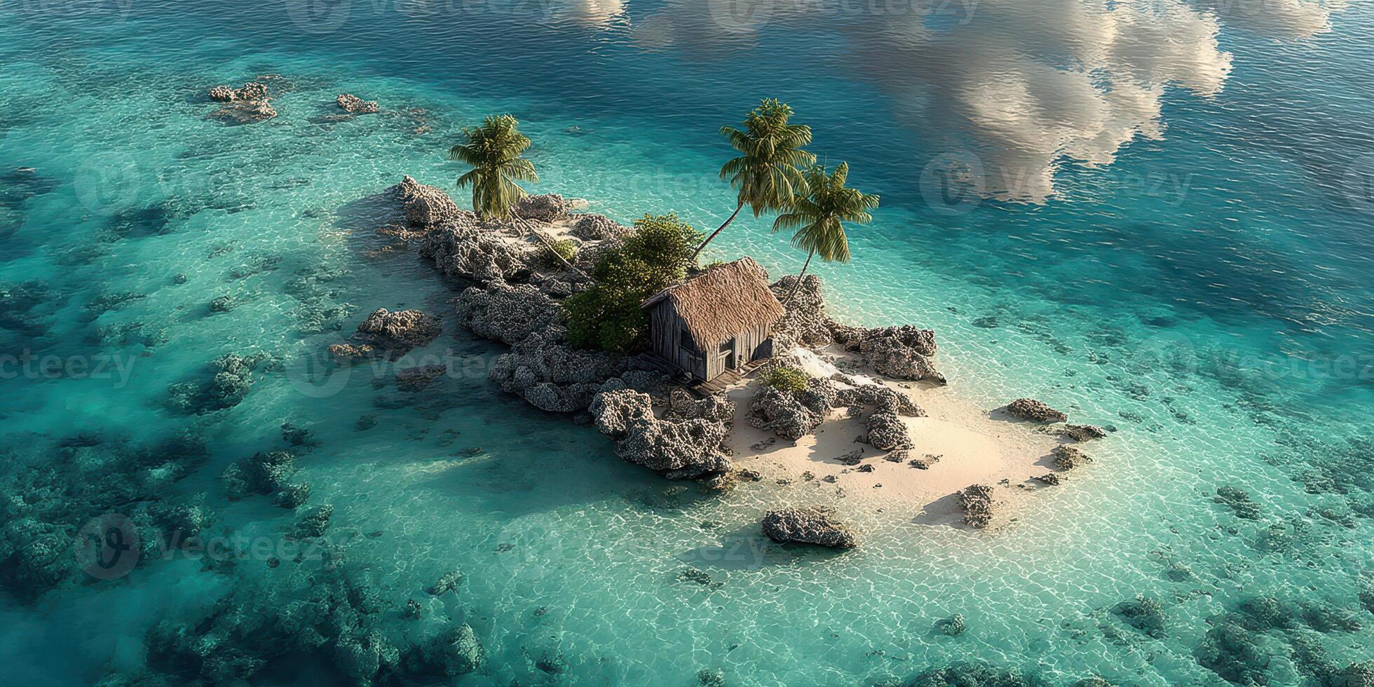 Remote island with a thatched hut surrounded by turquoise waters and lush palms during a clear day photo