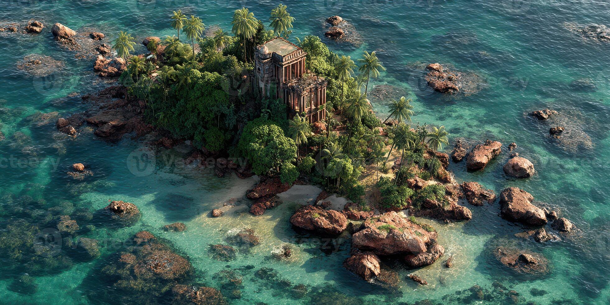 Abandoned tropical island with ruins surrounded by clear turquoise waters and rocks in bright daylight photo