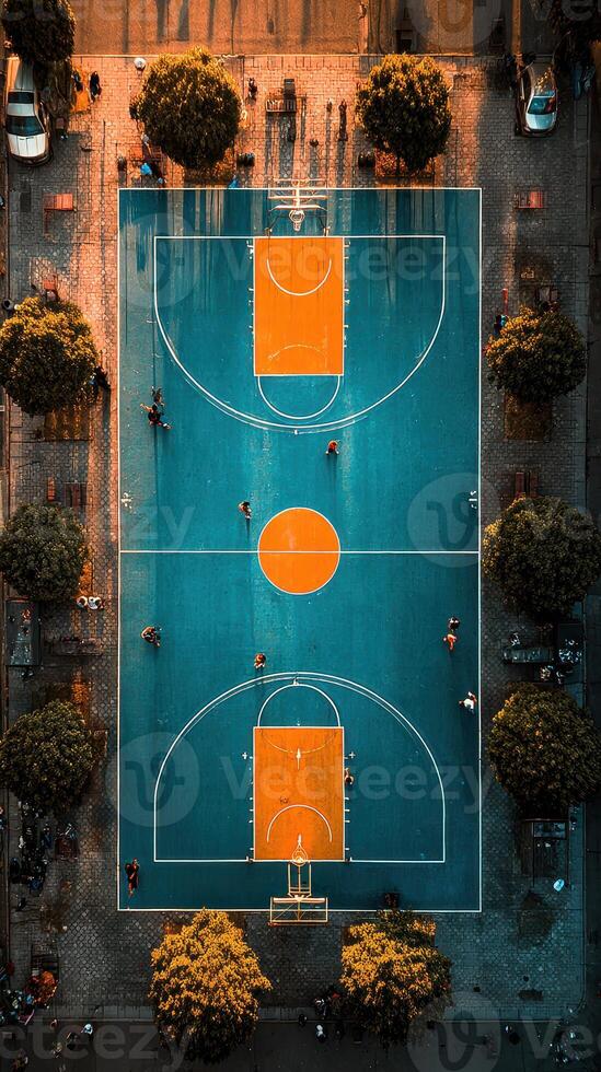 Basketball players engage in a lively game on a vibrant court during sunset in an urban park setting photo