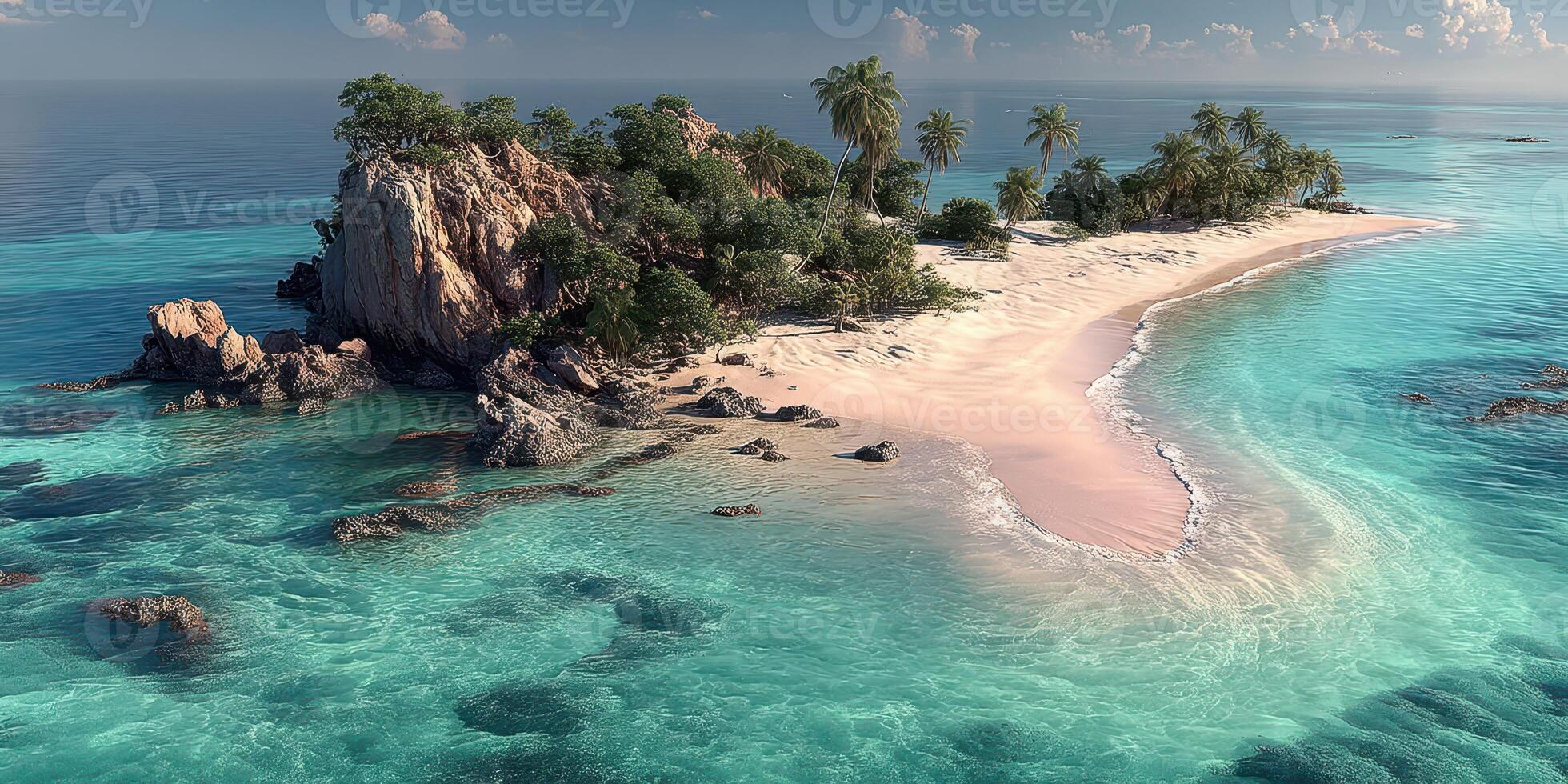 Tropical island with white sand beach and clear turquoise waters under a sunny sky photo