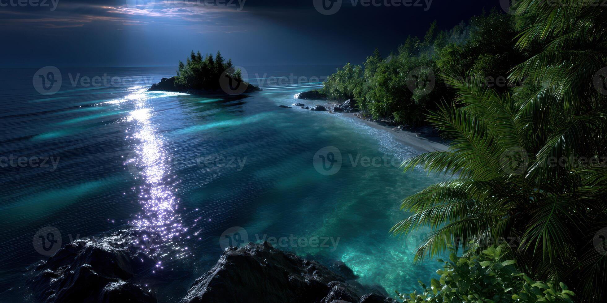 Moonlit coastline reveals serene waters and lush greenery near an isolated island photo