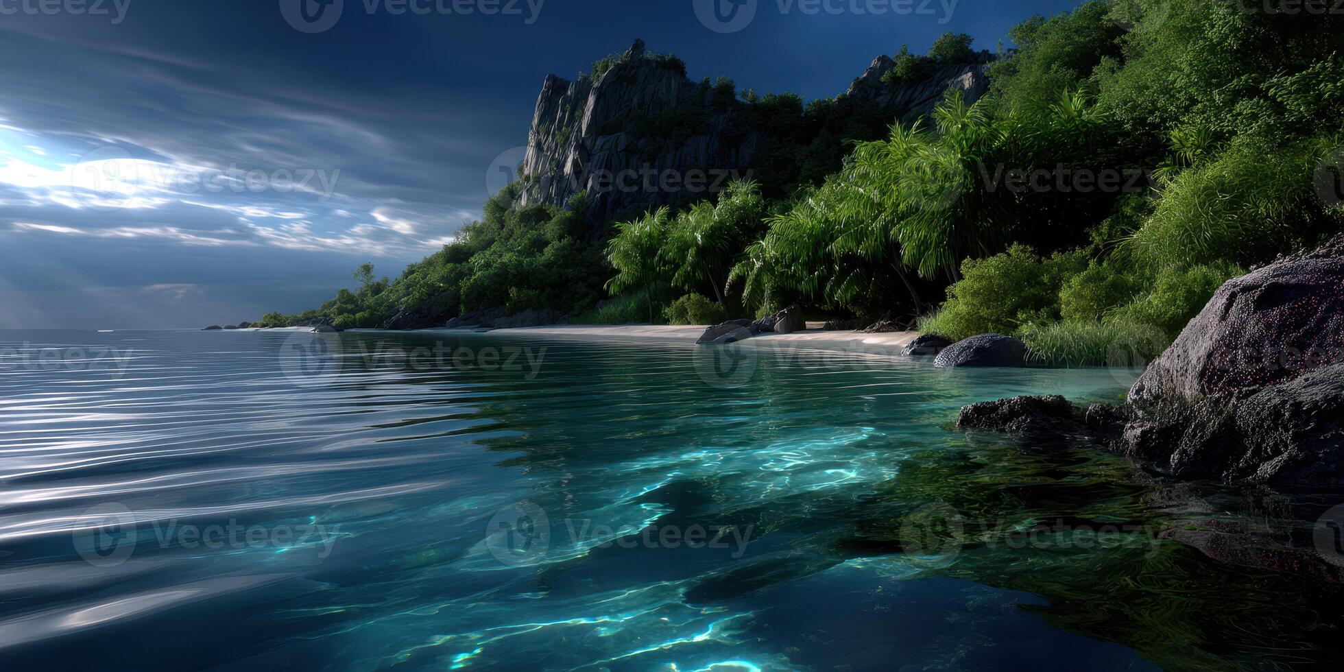 Tranquil coastal landscape at dusk with clear water and lush vegetation near rocky cliffs photo
