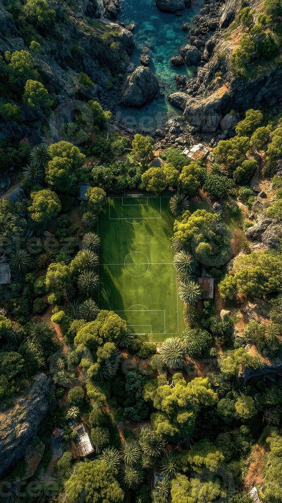 Beautiful secluded soccer field surrounded by lush greenery and rocky coastline in a serene natural setting photo