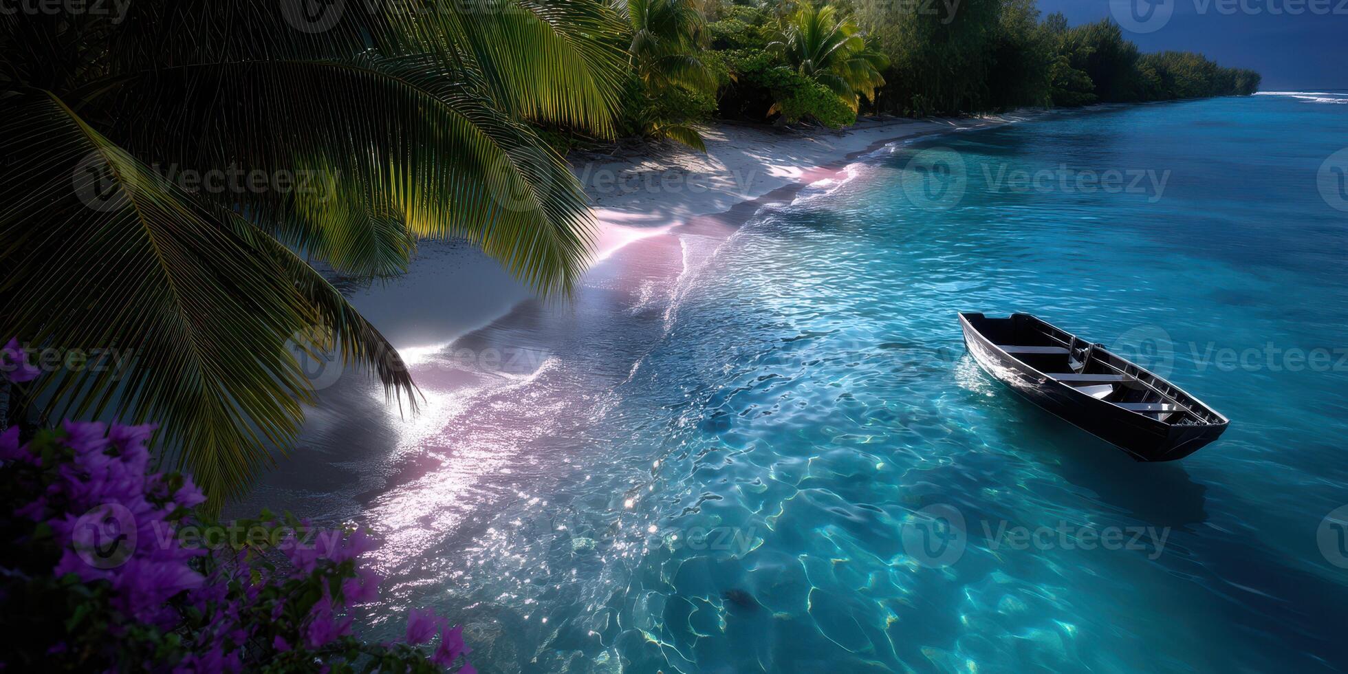 Calm boat gliding through turquoise waters on a tropical beach at sunset in a serene coastal paradise photo