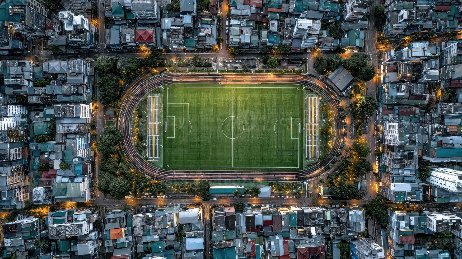 Soccer field illuminated at night surrounded by urban architecture in a bustling city photo