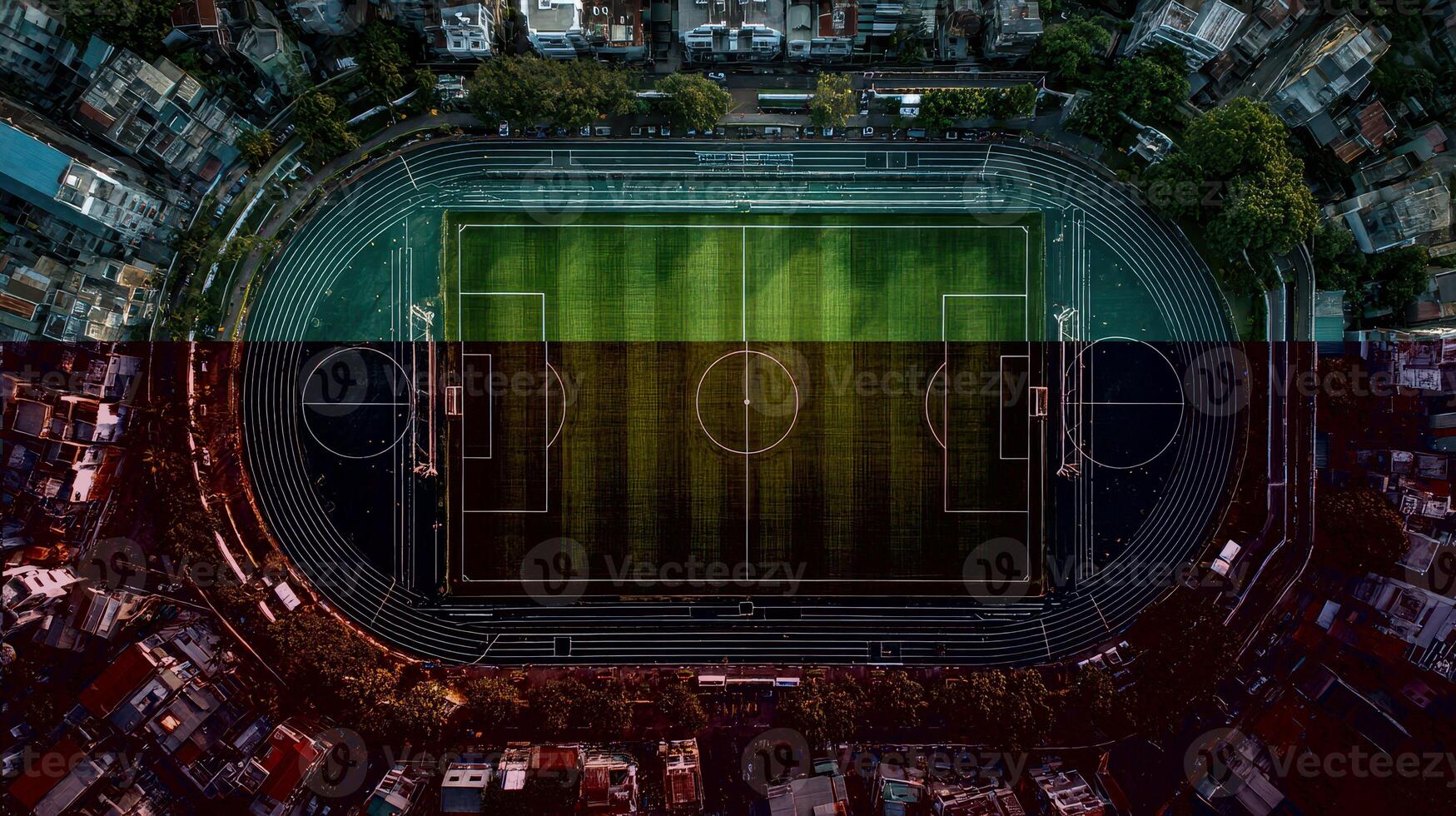 Aerial view of a soccer field surrounded by city buildings during the day with vibrant green grass and clearly marked lines photo