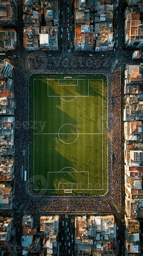 Fans gather around a vibrant soccer field in a lively urban setting during a weekend match in the afternoon photo