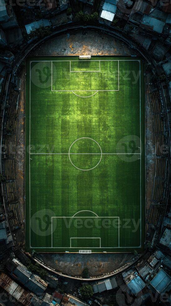 Lush green soccer field surrounded by urban structures during daylight hours photo