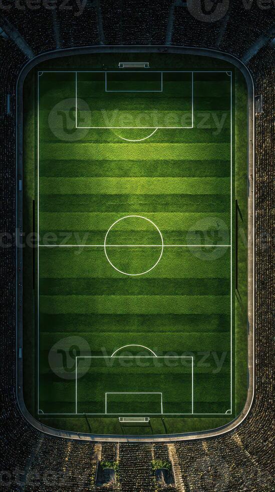 Impressive aerial view of a vibrant grass soccer field before a big match on a sunny day photo