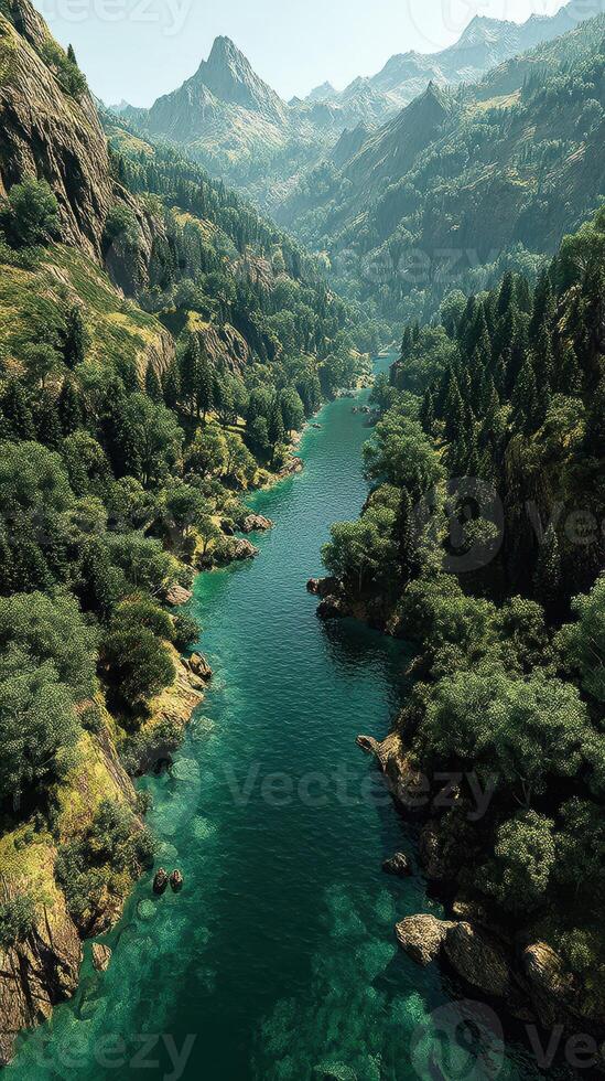 Mountain river flows through lush green landscape with rocky formations during bright daylight photo