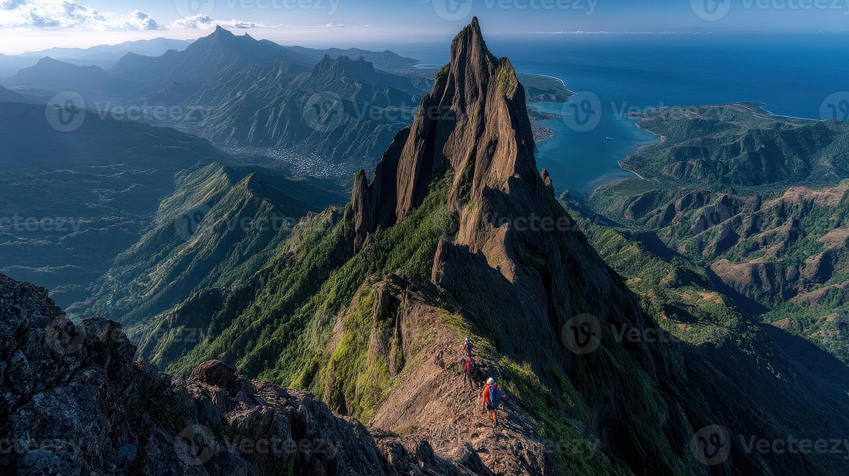Hikers ascend a steep mountain near the coast, capturing the breathtaking beauty of rugged terrain and vast ocean views at sunset photo
