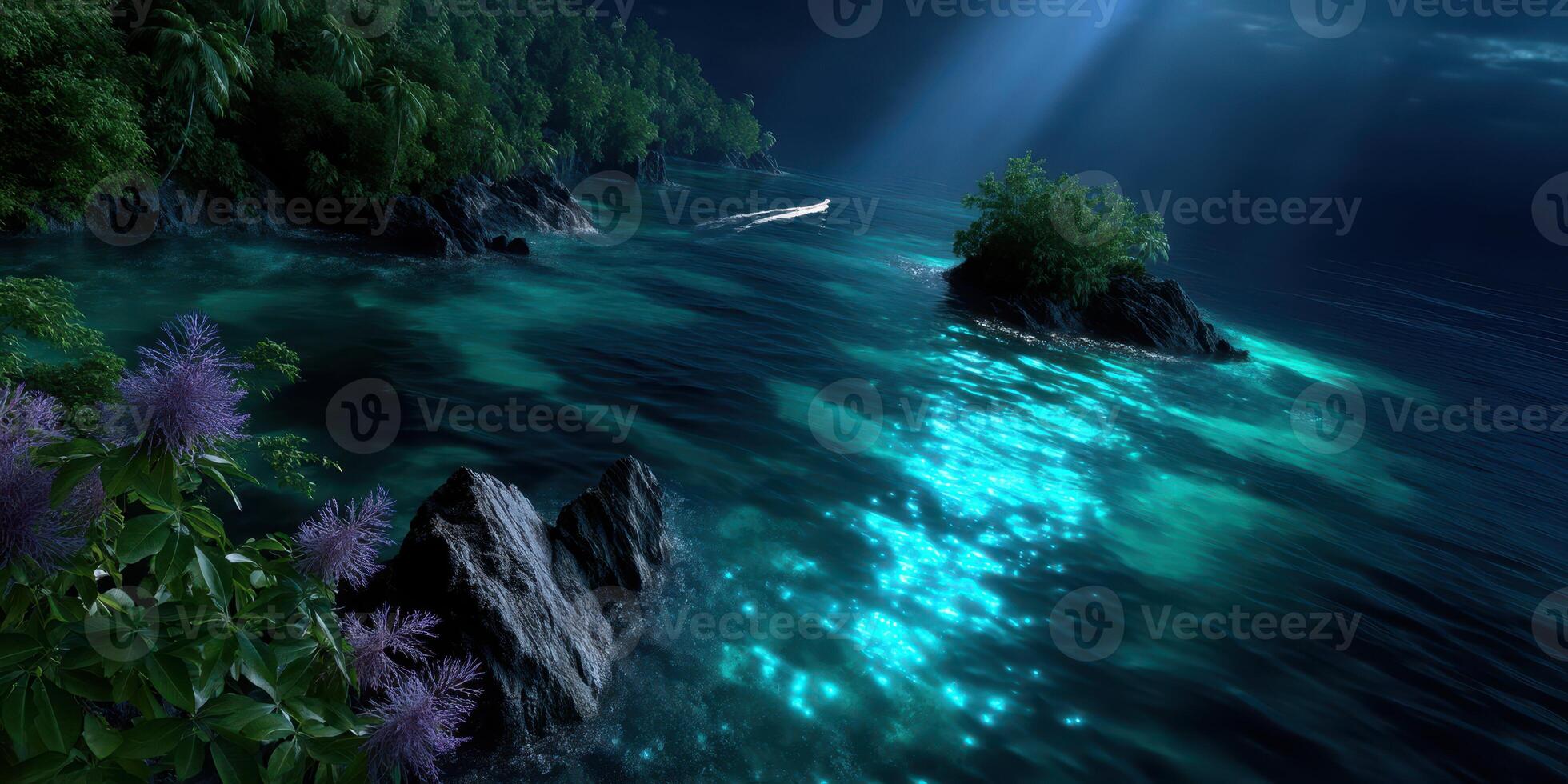 Moonlit waters illuminate tropical shore with a boat navigating through tranquil waves at night photo